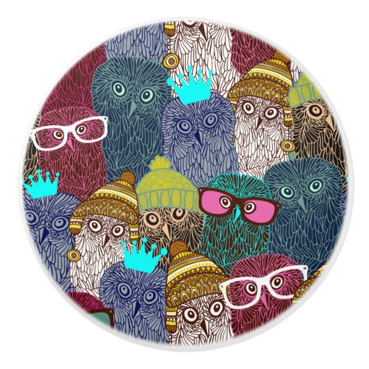 Owl in kroon keramische knop (Voorkant)