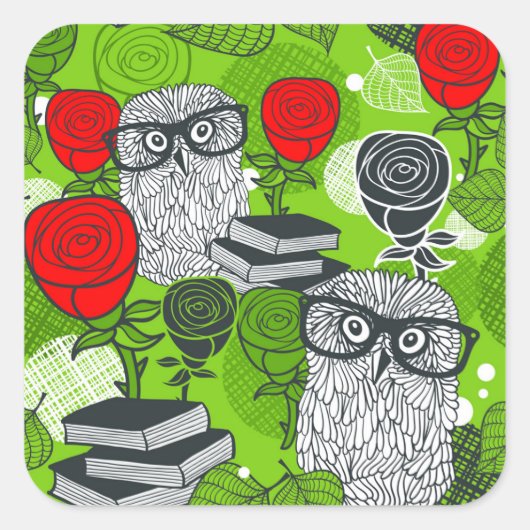 Owl in rode rozen vierkante sticker (Voorkant)