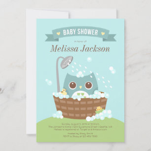 Owl in Wooden Bathtub Baby shower Invitation Kaart