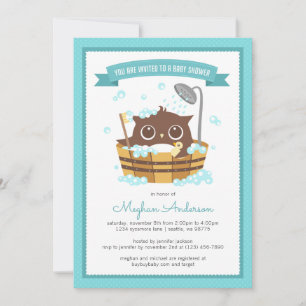 Owl in Wooden Bathtub Boy Baby shower Invitation Kaart