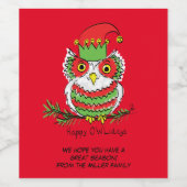 Owl Kerstmis Cute Funny Holiday Kinder Wijn Etiket (Enkel label)