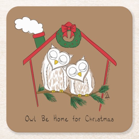 Owl Kerstmis Cute Funny Holiday Vierkante Kartonnen Onderzetter (Voorkant)
