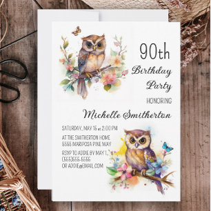 Owl Lentebloemen Vlinders 90e Verjaardag Kaart