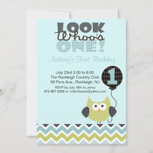 Owl Look Who's One Birthday Invitation (Devant)
