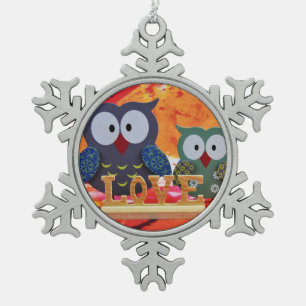 Owl love tin sneeuwvlok ornament