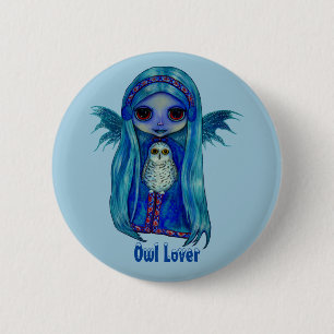 Owl Lover Fairy met Snowy Owl Winter Big Eyes Ronde Button 5,7 Cm
