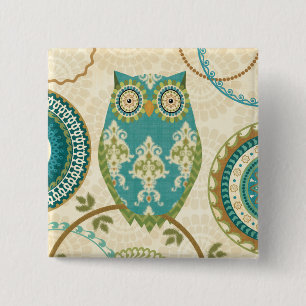 Owl met Circulaire Patronen Vierkante Button 5,1 Cm