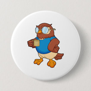 Owl met koffie-mok ronde button 7,6 cm
