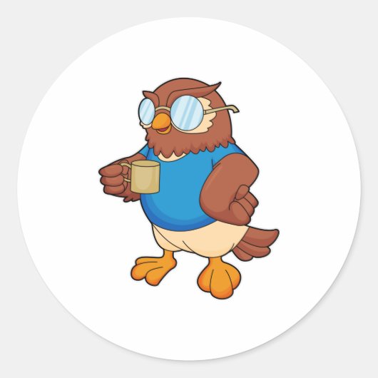 Owl met koffie-mok ronde sticker (Voorkant)