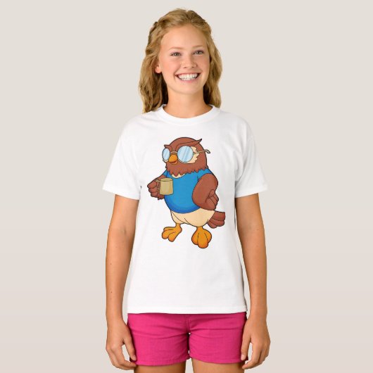 Owl met koffie-mok t-shirt (Voorkant volledig)