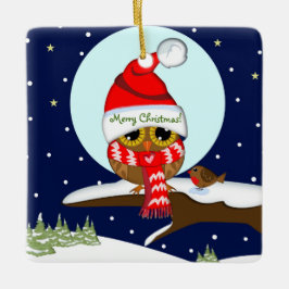 Owl met Santa hat & douanetekst Keramisch Ornament
