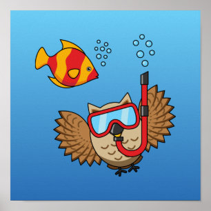 Owl met Snorkel Masker en Tropische Vis Poster