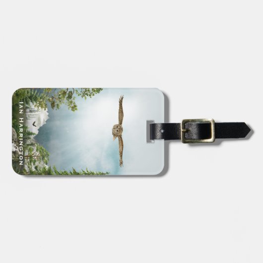 Owl Natuur Lover Mountain Landscape Monogram Naam Bagagelabel (Voorkant horizontaal)