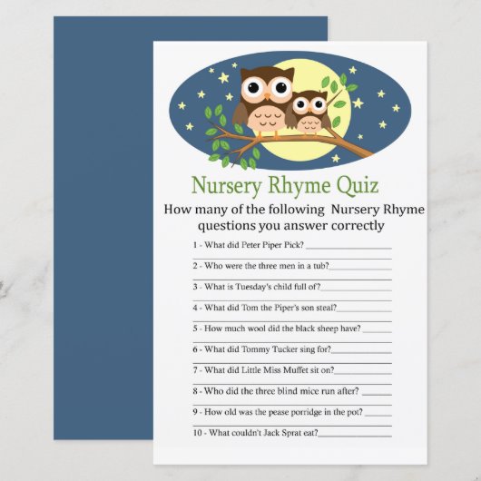 Owl Nursery Rhyme Quiz baby shower game (Voorkant / Achterkant)