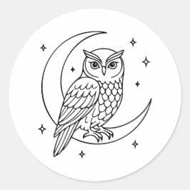  Owl on Crescent Moon with Stars Line Art Ronde Sticker