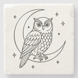  Owl on Crescent Moon with Stars Line Art Stenen Onderzetter