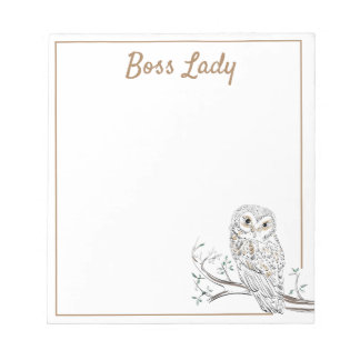 Owl op Branch White Boss Lady of jouw tekst Notitieblok
