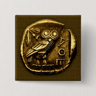 Owl op de oude griekse munt vierkante button 5,1 cm