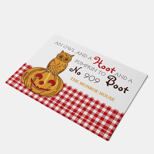 Owl op Pumpkin Gingham Pattern Doormat Deurmat (Schuin)