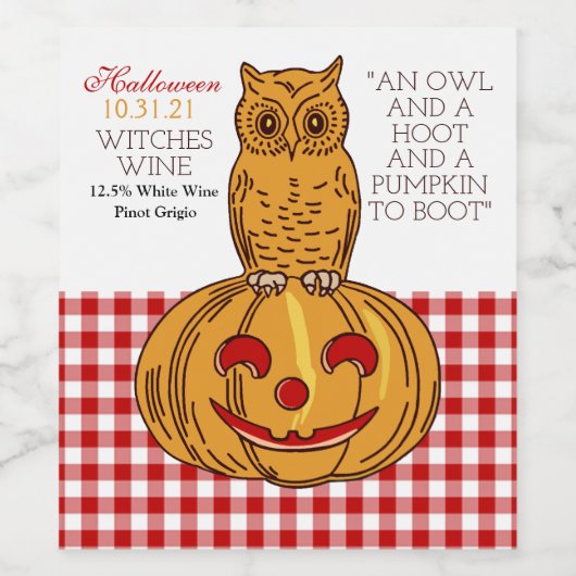 Owl op Pumpkin Gingham Pattern Wine Label Wijn Etiket (Enkel label)