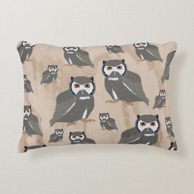 Owl Pattern & Rustic Wood Accent Kussen (Voorkant)