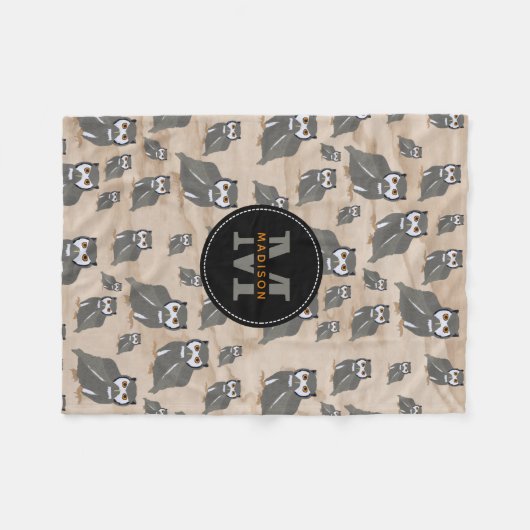 Owl Pattern & Rustic Wood Monogram Fleece Deken (Voorkant (Horizontaal))