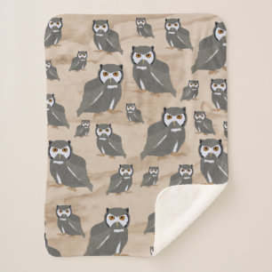 Owl Pattern & Rustic Wood Sherpa Deken