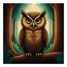 Owl perched on a tree log in a forest perfect poster