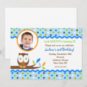 Owl Photo Birthday Party Invitations Boy Kaart (Voorkant / Achterkant)