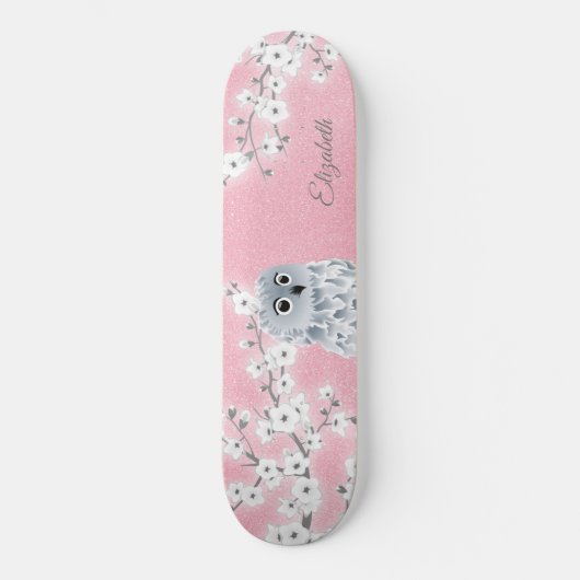 Owl Pink Glitter Cherry Blossom Monogram Skateboard (Voorkant)