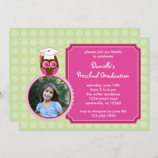 Owl Preschool Afstuderen Fotouitnodiging Kaart (Voorkant / Achterkant)