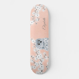 Owl Roos Gold Glitter Cherry Blossom Monogram Skateboard