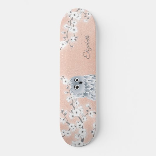 Owl Roos Gold Glitter Cherry Blossom Monogram Skateboard (Voorkant)
