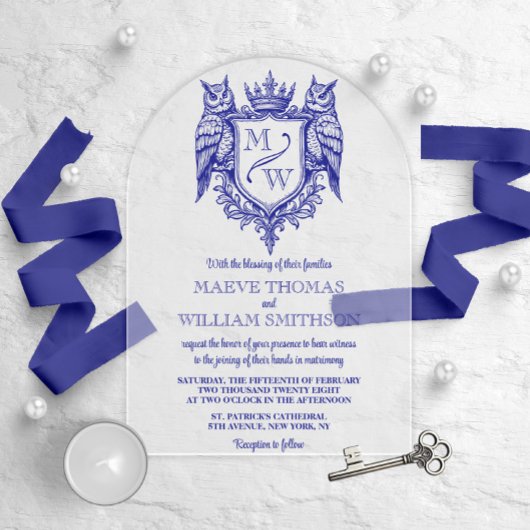 Owl Royal Crest Monogram Arch Wedding Invitation