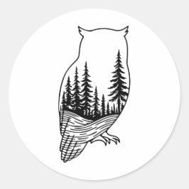 Owl Silhouette with Forest Scene Ronde Sticker