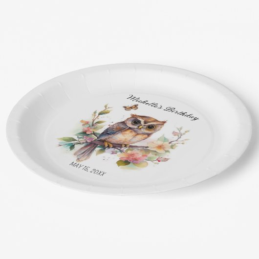 Owl Spring Flowers Butterflies Happy Birthday Name Papieren Bordje (Gekanteld)