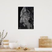 Owl vogelboom Tekening zwarte witte kunst Poster (Keuken)