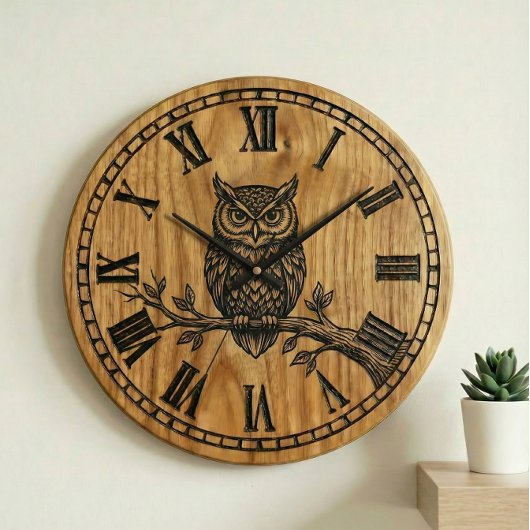 Owl Wall Clock - Wooden Style Design Grote Klok