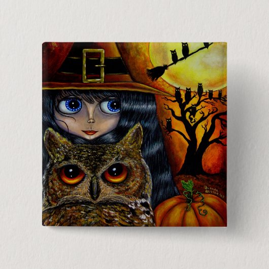 Owl Witch Halloween Button (Voorkant)