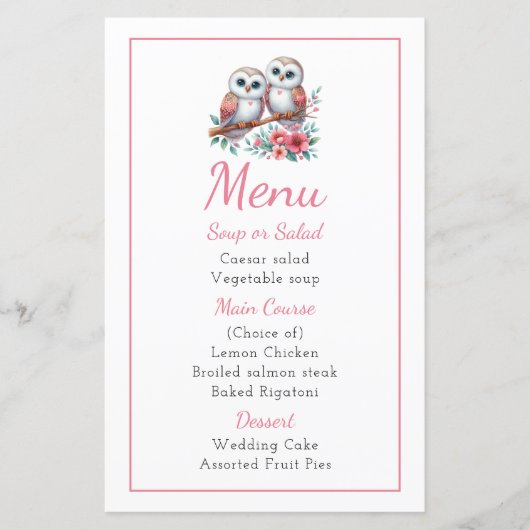 Owl Woodland Boho Rustic Country Wedding Menu (Devant)