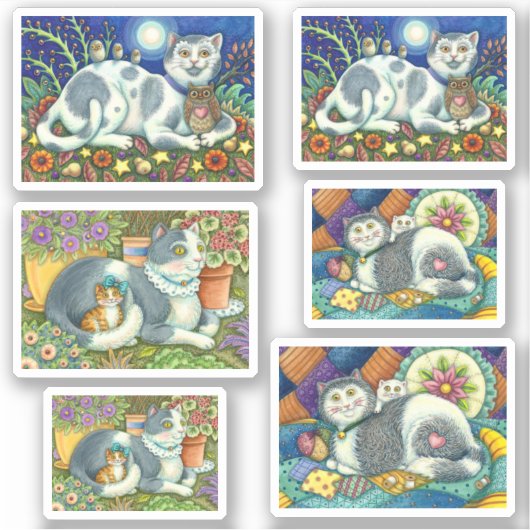 OWLS EN KATTEN, LAND FOLK ART KITTEN STICKER (Voorkant)