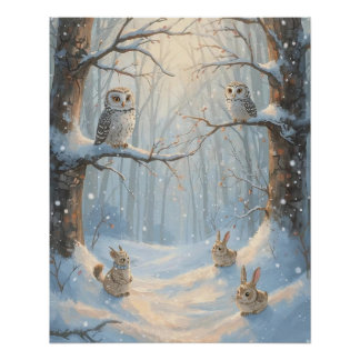 Owls, Rabbits, and Woodland in the Snow Poster Perfect Poster