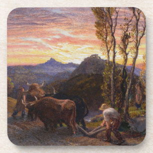 Oxen-ploegen op zonsondergang (m/v op papier) bier onderzetter
