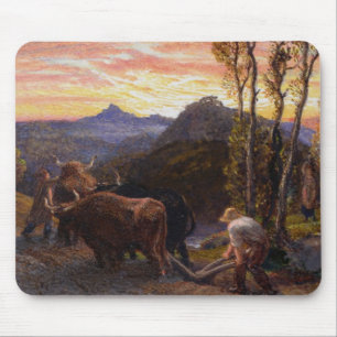 Oxen-ploegen op zonsondergang (m/v op papier) muismat