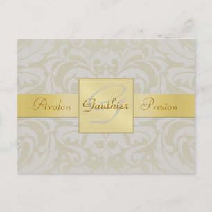 Oyster Damask Gold Monogram Save the Date Briefkaa Aankondigingskaart
