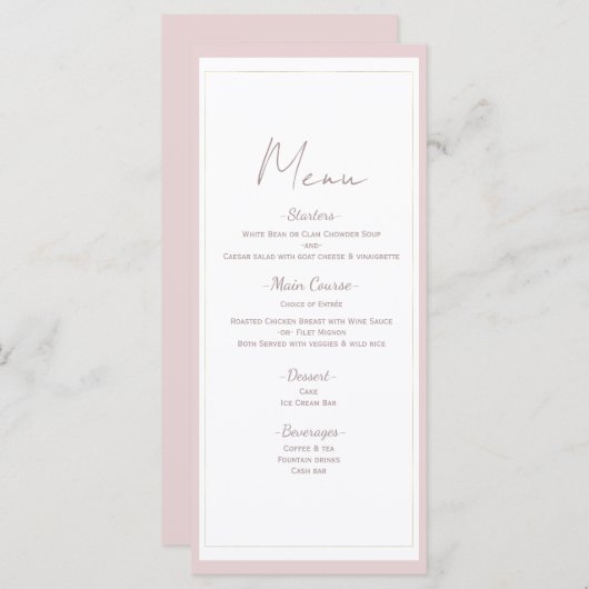 Oyster Pink & Gold Modern Minimal Mariage Menu (Devant / Derrière)