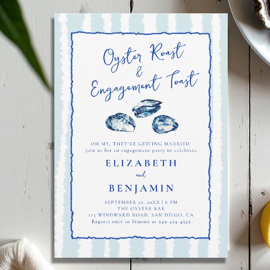 Oyster Roast Blue Stripes Modern Engagement Party Kaart