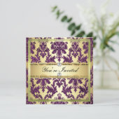 P1 Elegant Gold Purple Damask Invitation Modèle (Debout devant)