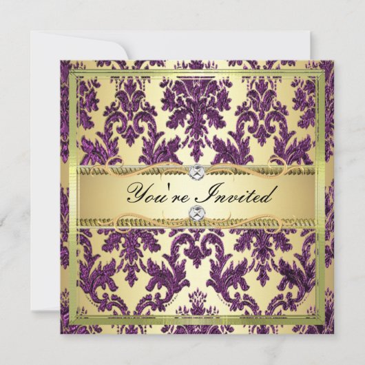 P1 Elegant Gold Purple Damask Invitation Modèle (Devant)