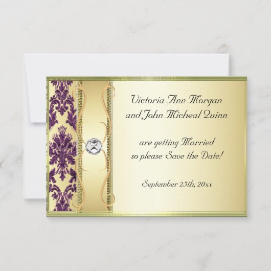 P1 Gold Purple Damask Enregistrer la carte Date (Devant)